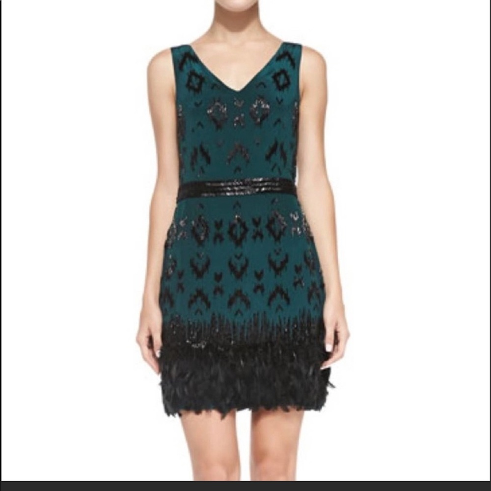 Nicole Miller Feather Hem Ikat Dress Green Sz 4